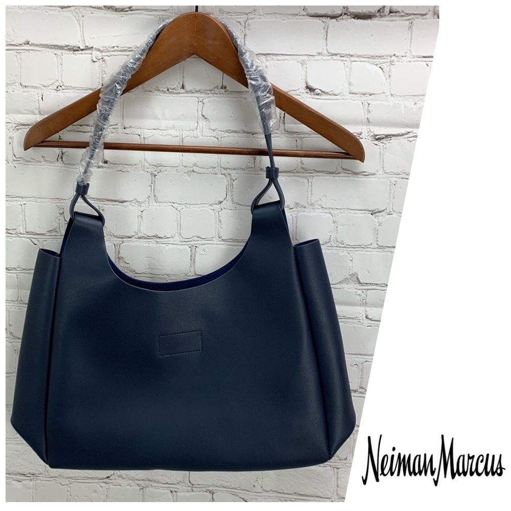 New Neiman Marcus Navy Vegan Leather Shoulder Bag